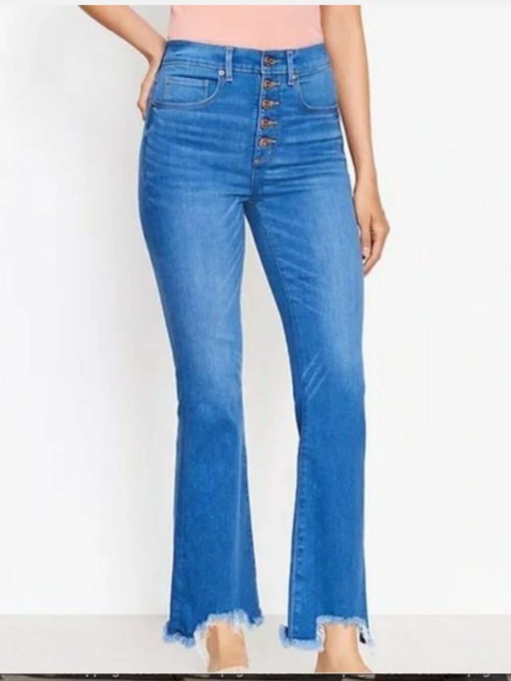 LOFT Button Fly High Waist Kick Crop "Chewed" Frayed Hem Jeans Size 10/30P